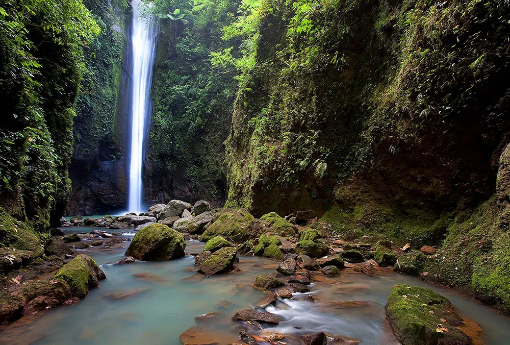 A dramatic tall waterfall surrounded by green jungle.